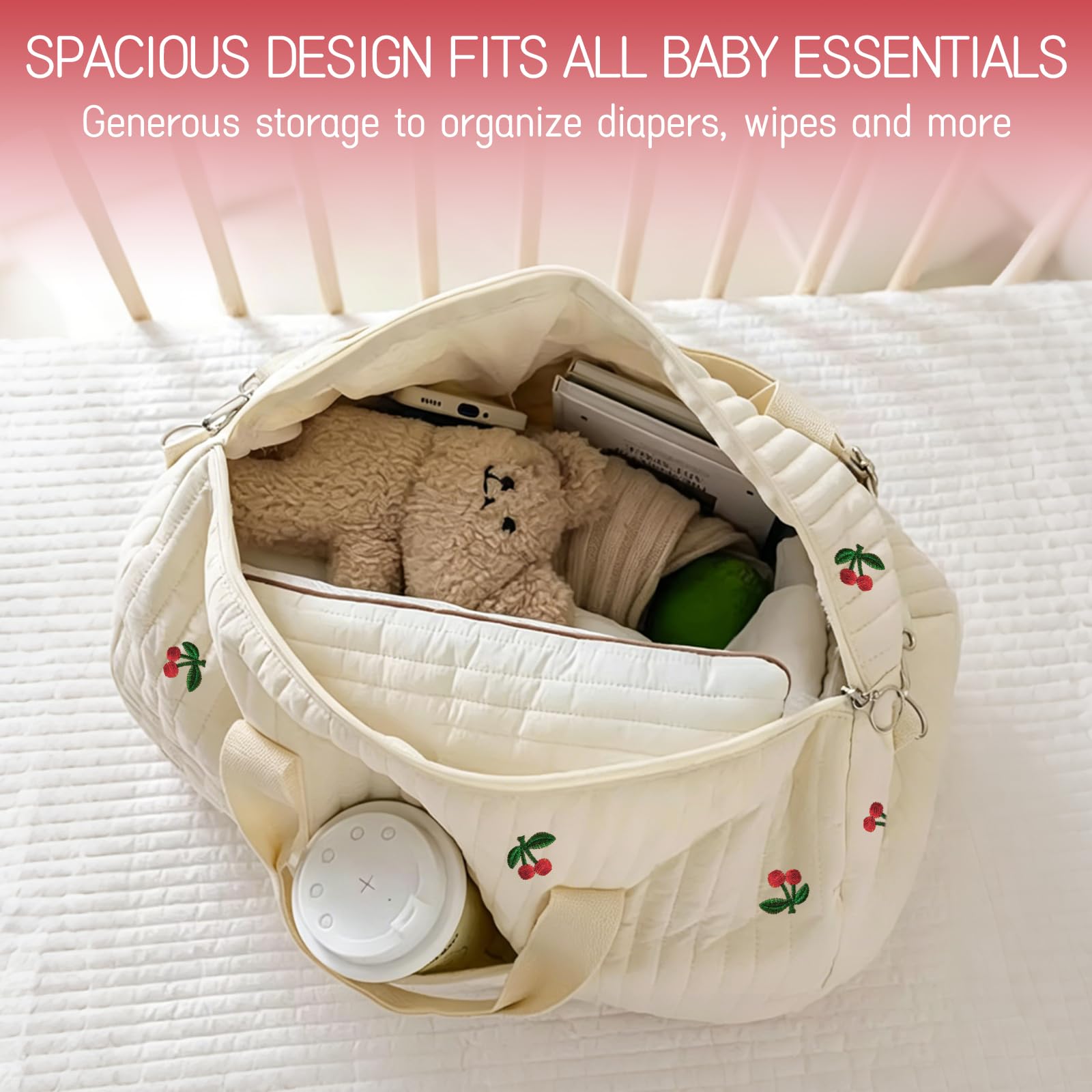 Borsa Parto Ospedale Cotone Trapuntato Ricamo Ciliegia Set 2 Pezzi Maternità Passeggino Viaggio Cambio Neonato Stile Coreano