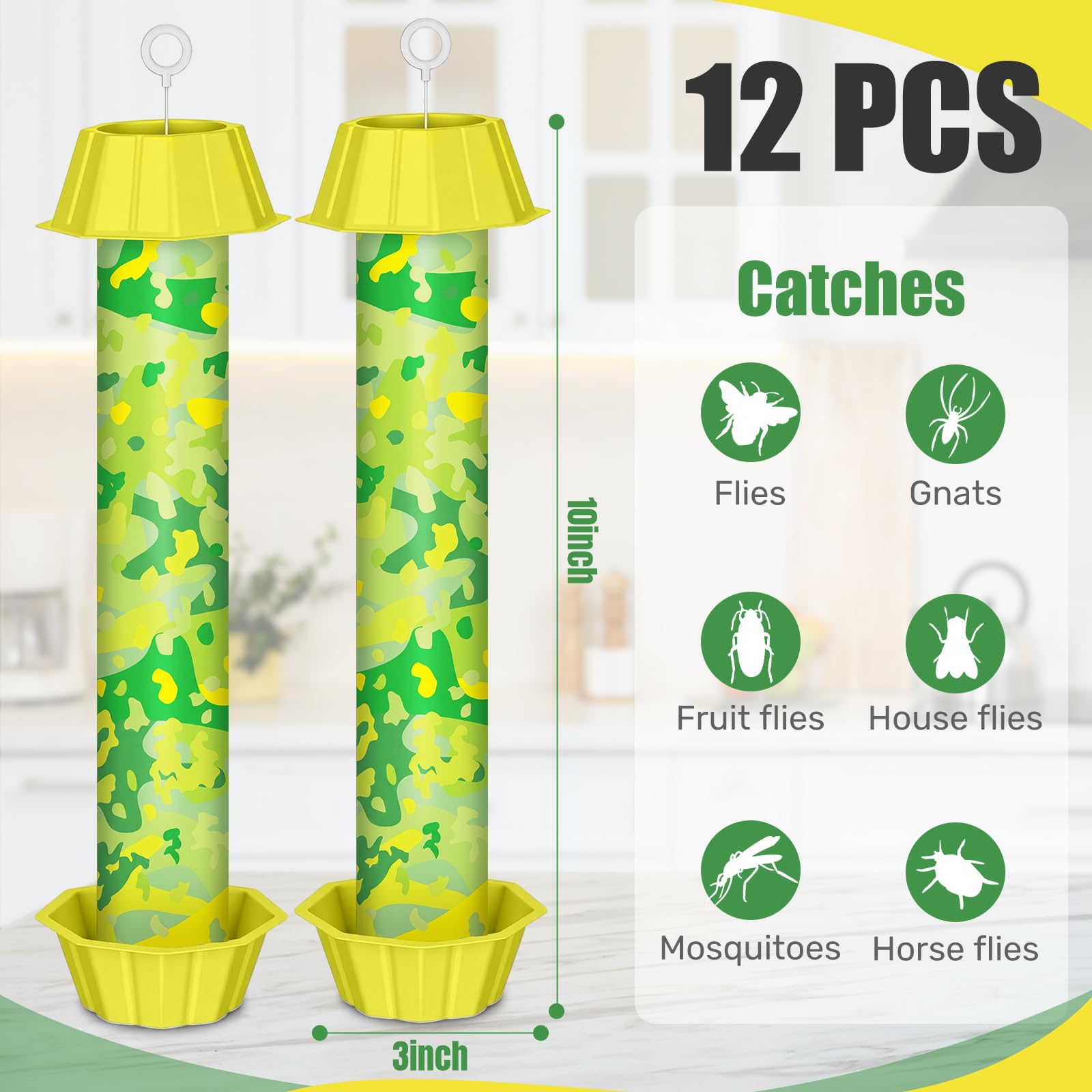 Qualirey 12 trampas adhesivas para moscas con gancho para colgar, para interiores y exteriores, trampas para moscas domésticas e insectos voladores, polilla de abeja, mosquitos (estilo elegante)