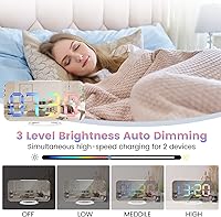 Vista 5 de Reloj despertador digital, pantalla grande LED y espejo de escritorio con puertos de carga USB duales, 3 niveles de brillo, reloj despertador