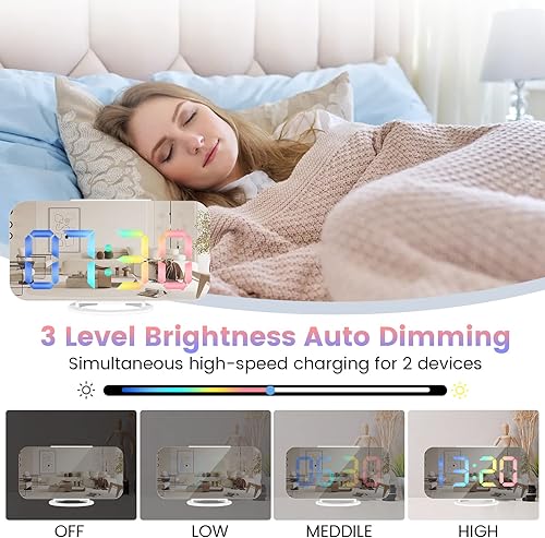 Miniatura 5 de Reloj despertador digital, pantalla grande LED y espejo de escritorio con puertos de carga USB duales, 3 niveles de brillo, reloj despertador de