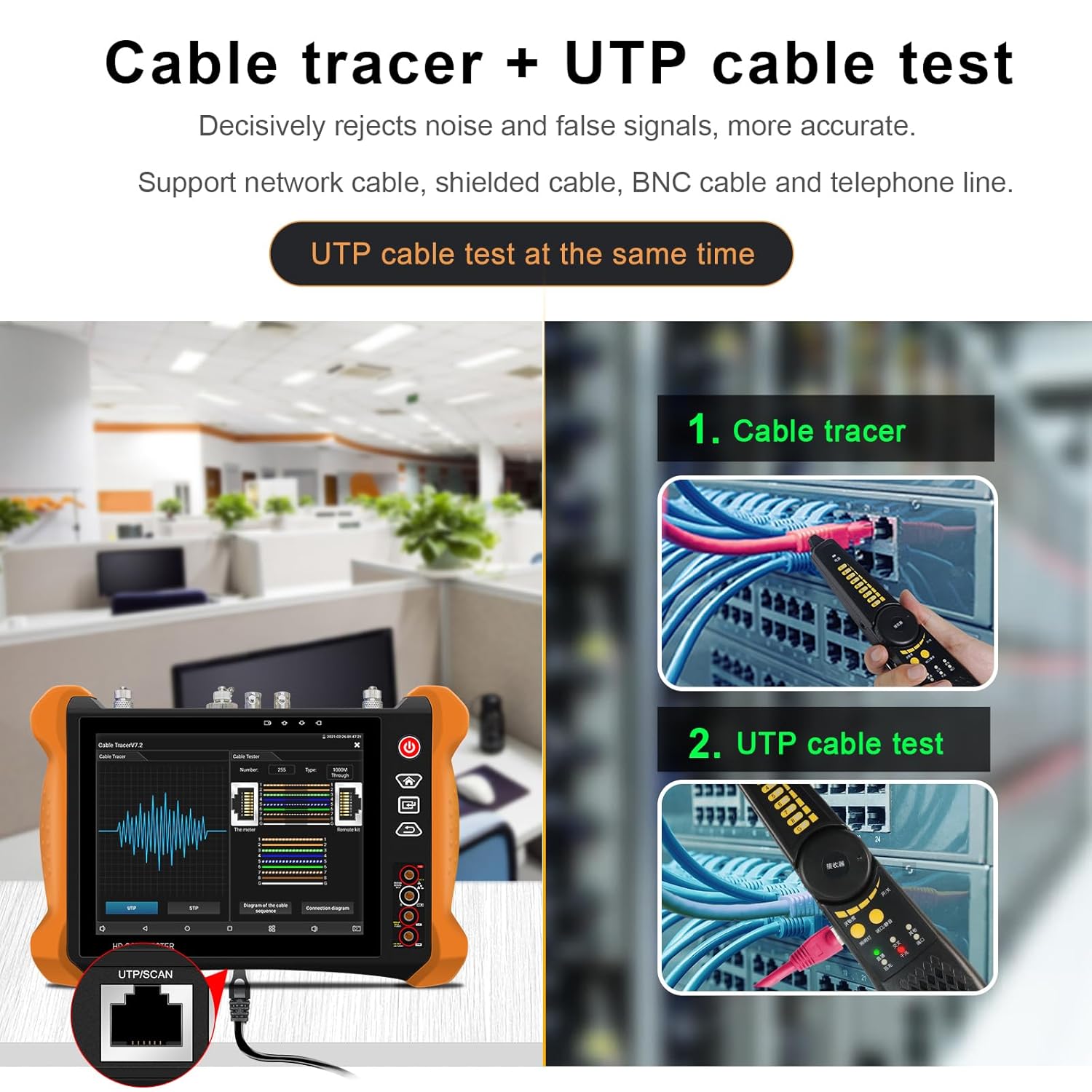 POMIACAM X9-MOVTADHS Pro IP Camera Tester displayed with its full set of accessories, including cables, power adapter, and carrying case.