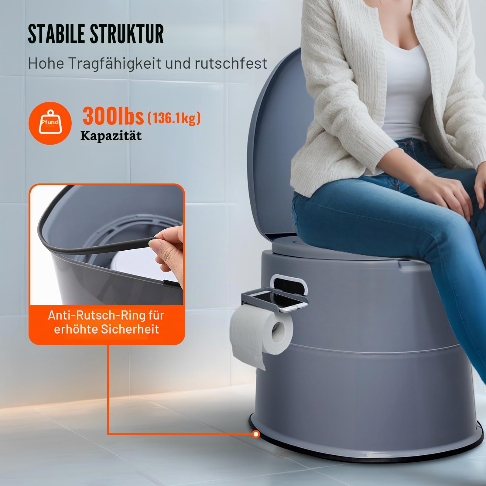 VEVOR 5 L Campingtoilette mit Toilettenpapier- und Handyhalter, Tragbare Campingtoilette 500 x 467 x 400 mm Reisetoilette Nottoilette Weiße Toiletten 136,1 kg Gewichtstragfähigkeit Wohnmobiltoilette