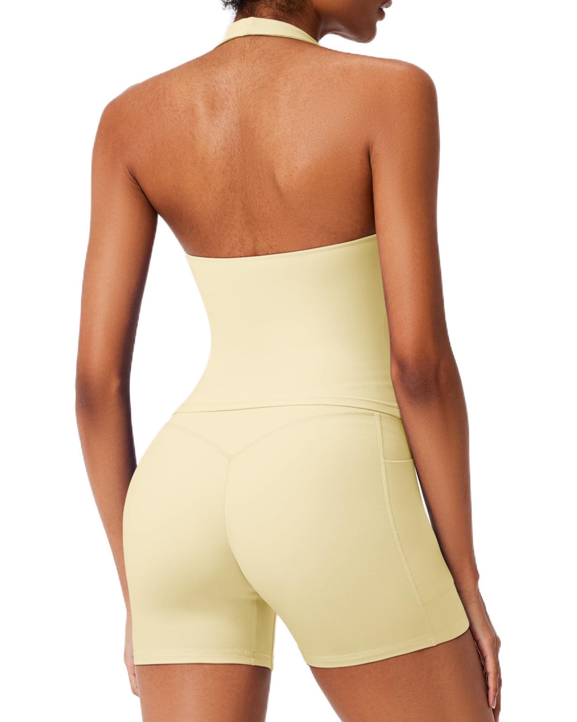 RXRXCOCO Halter Workout Sets for Women 2 Piece V Neck Tank Tops Hidden Scrunch Booty Shorts Gym Outfits