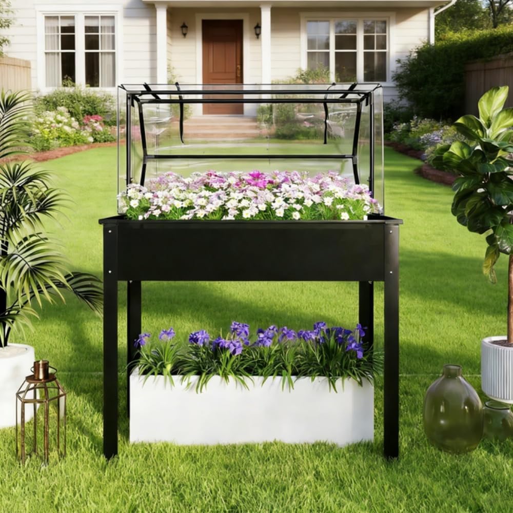 Black Elevated Garden Bed with Flip-Up Cover - Raised Planter Box Greenhouse, Rust-Proof Metal Frame, Drainage Holes for Year-Round Gardening