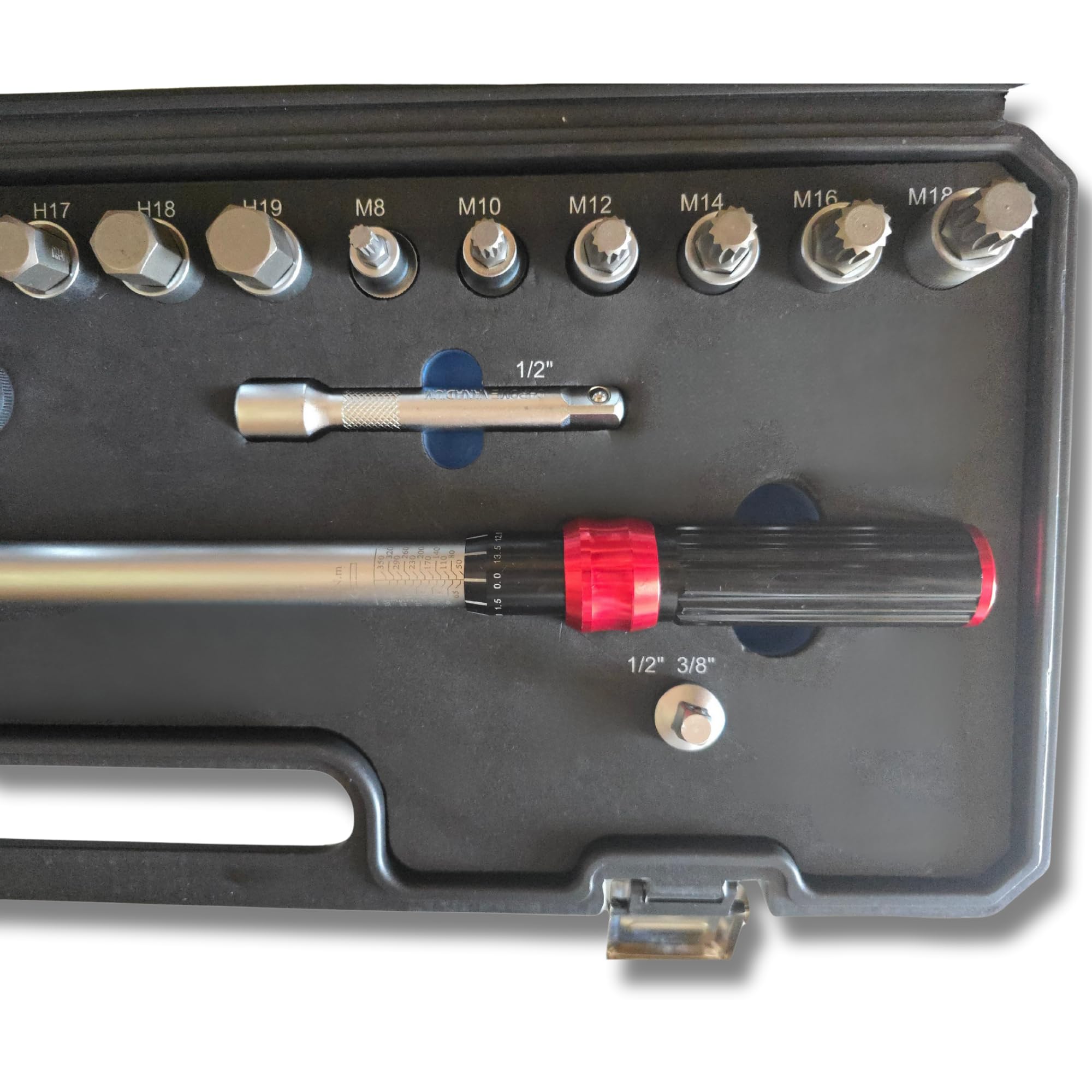 Llave Dinamométrica 1/2" Extra Larga 50-350 Nm con Cabezal Reversible 72T y Maletín Completo con Vasos Hex Torx Allen XZN