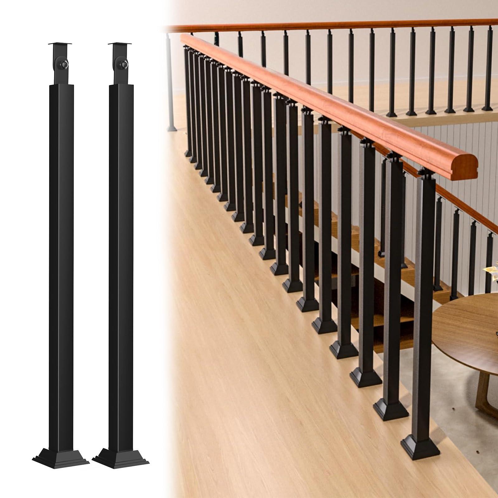 Wewnętrzna balustrada schodowa 105 cm, 2 szt., czarne metalowe wrzeciona, kwadratowe tralki na taras, werandę i schody, w komplecie z zestawem śrub, trwałe i stylowe rozwiązanie bezpieczeństwa