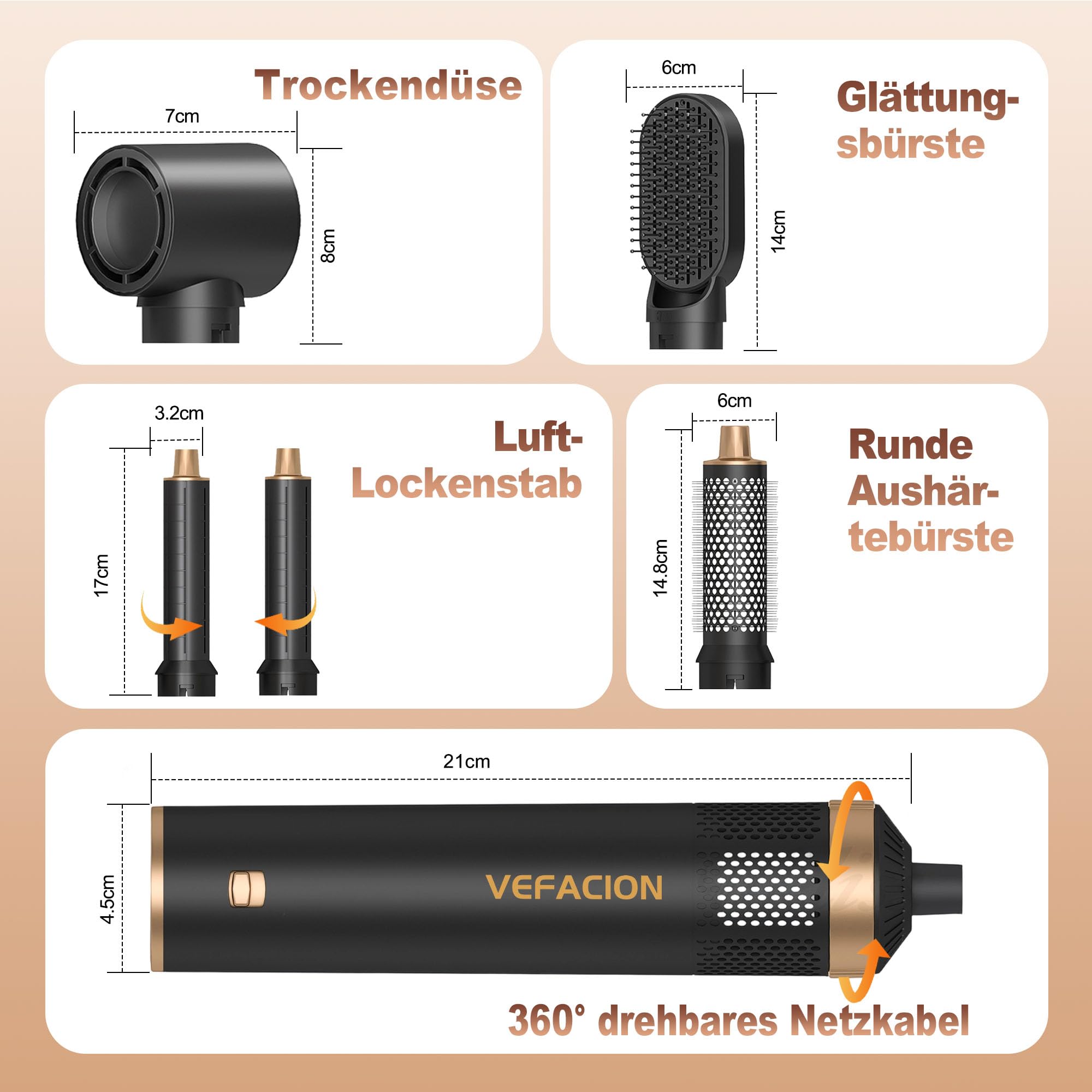 Zestaw 5 w 1 Airstyler | szczotka rotacyjna suszarka do włosów z 3 poziomami temperatury i funkcją jonizacji | do loków, prostowania, objętości i szybkiego suszenia
