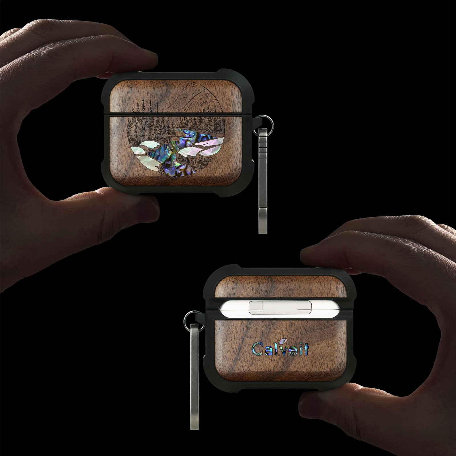 Carveit Etui kompatybilne z AirPods Pro 3 (2025), drewniany grawerunek i muszla, odporne na uderzenia twarde etui kompatybilne z Airpods Pro 3 (krajobraz z drzewa orzechowego)