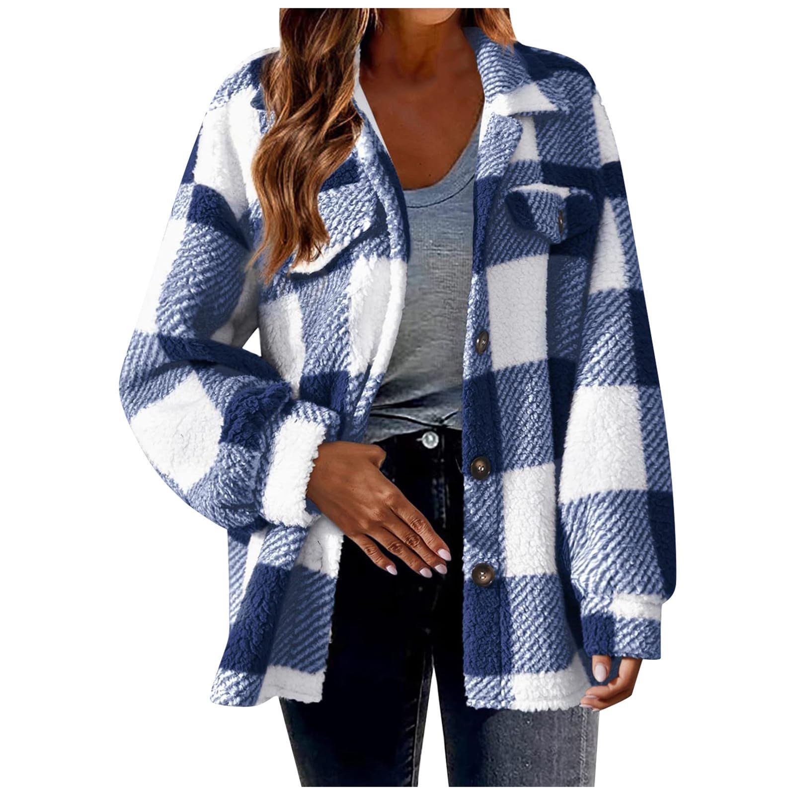 Generisch Daunenjacken Damen Übergröße Casual Color Block Plüsch Fleecejacke Button Down Loose Bluse Warmer Mantel