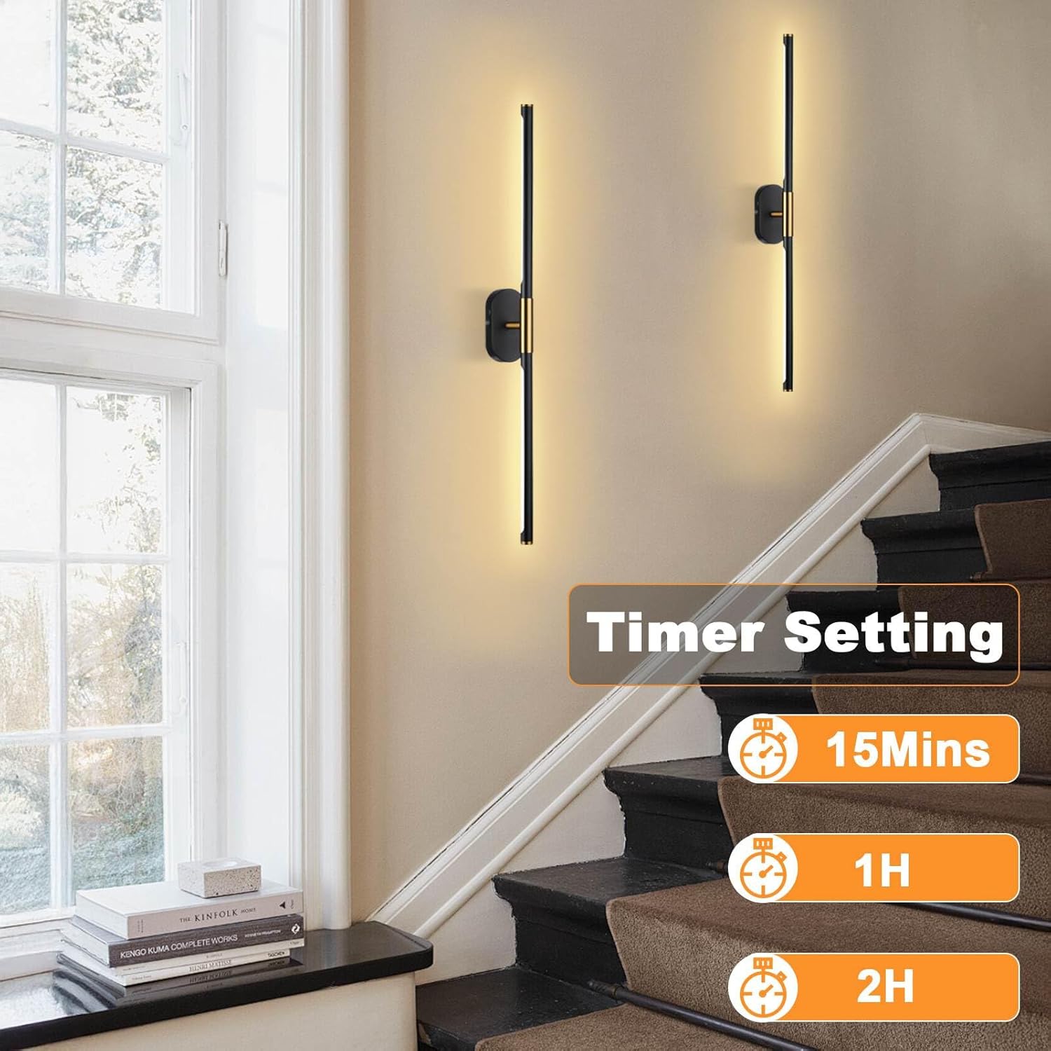 31.5" Battery Operated Wall Sconces Set of Two, Rechargeable Wall Sconce with Remote, Wireless Wall Lights 2800K-6500K Dimmable Wall Lamps for Bedroom Living Room Hallway TV Wall, Black Gold