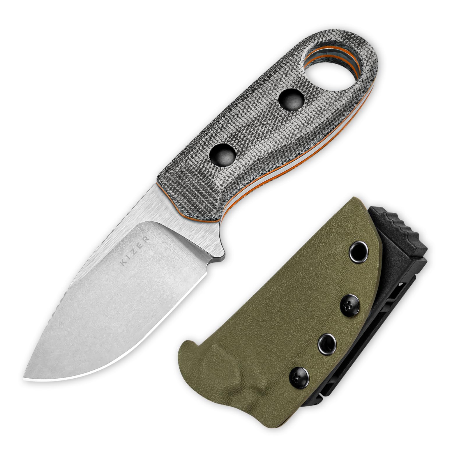 Kizer Beaver Cuchillo de Hoja Fija con Funda, Hoja de Acero Nitro-V de 2,75" Cuchillo EDC con Mango de Micarta y G10, Pequeños Cuchillos de Supervivencia Bushcraft para Hombres y Mujeres, 1078A2 | Cuchillo de camping con punta fija de acero Nitro-V de 7 c