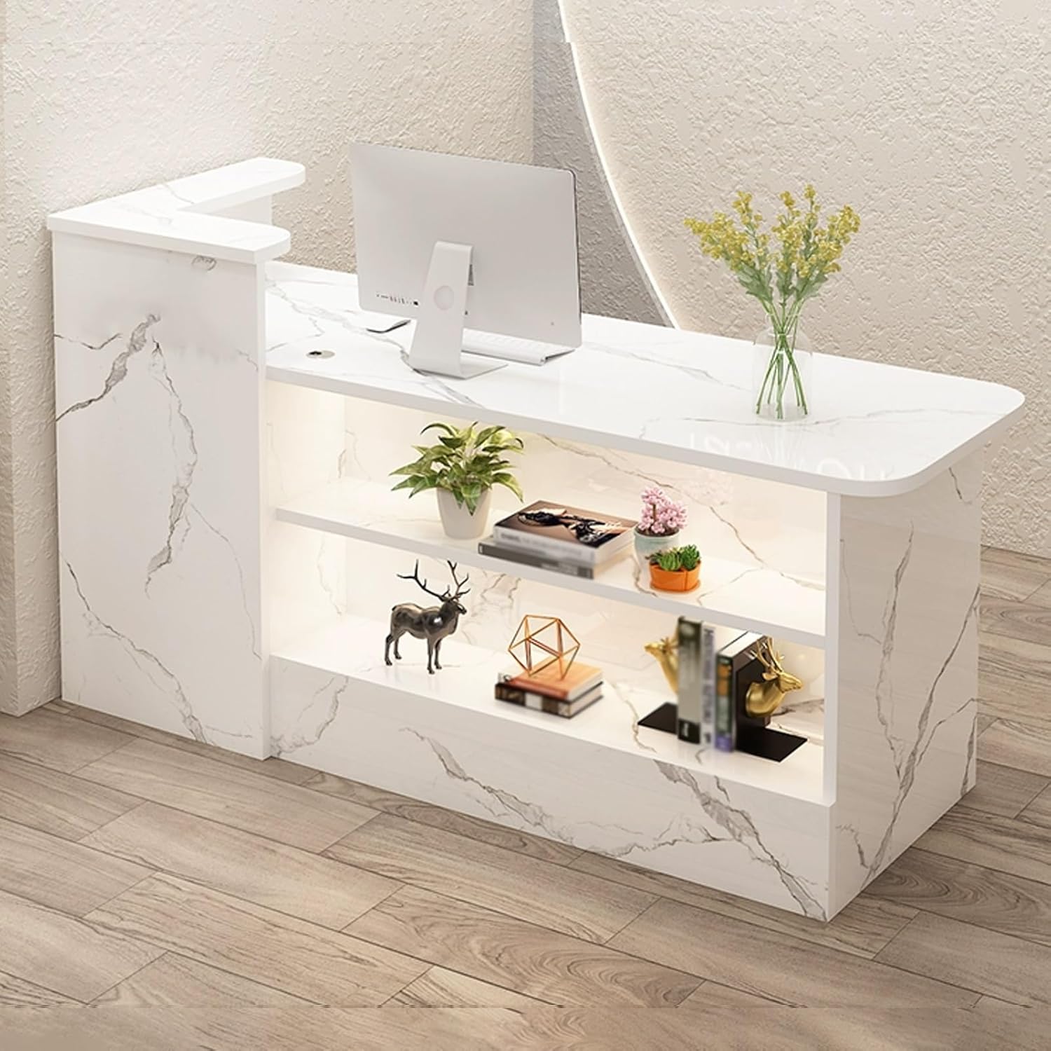 Reception Desk, Reception Room Front Desk, Front Counter Desk with LED Lights, Checkout Counter, Modern Retail Counter, Lockable Drawers, for Supermarket Store Hotel(White L,100cm/39.3in)