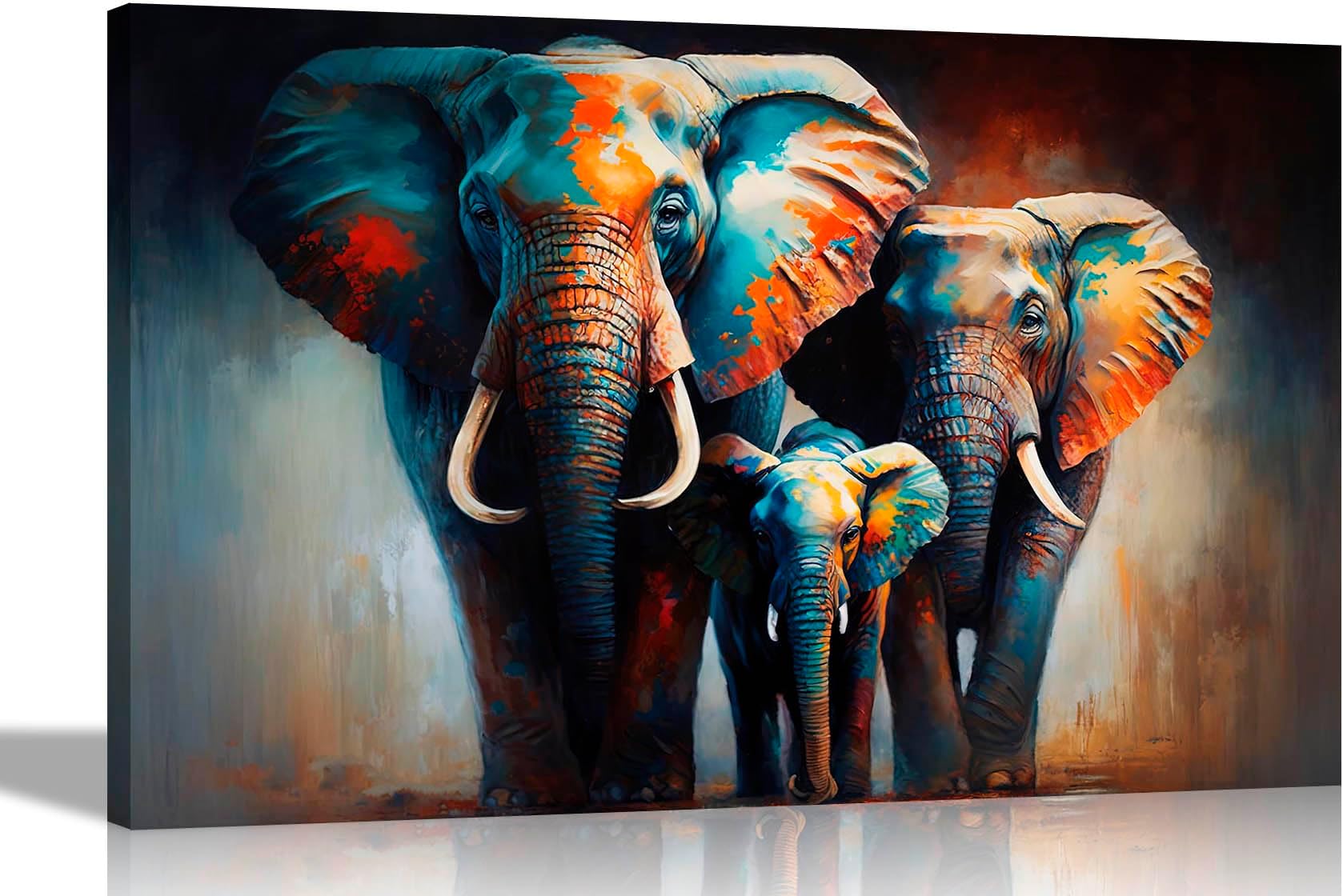 Artley Prints - Elephant Family in the Wild Colourful Canvas Wall Art for Living Room - Framed Abstract Pictures to Hang in Bedroom, Hallway Extra Large 101 x 76cm (40 x 30 inches)