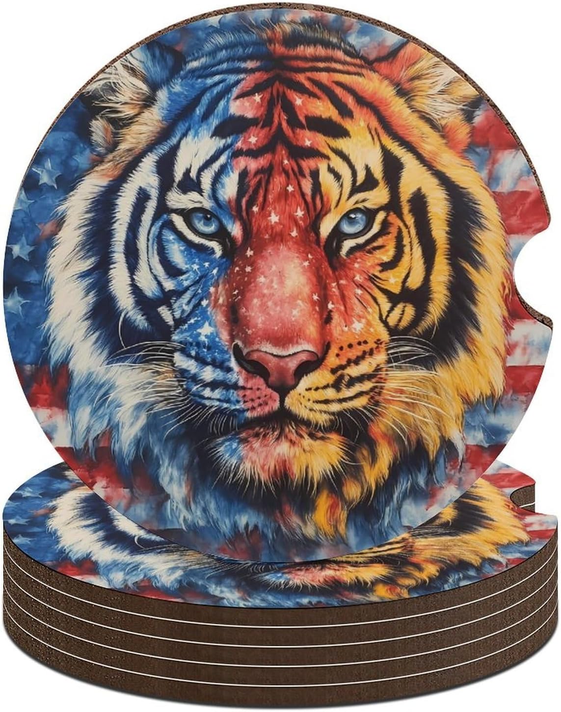 Tiedye U.S.A. Flag Tiger Cute Car Coasters 2.56 Inch Absorbent Cup Holder for Drinks Auto Interior Accessories