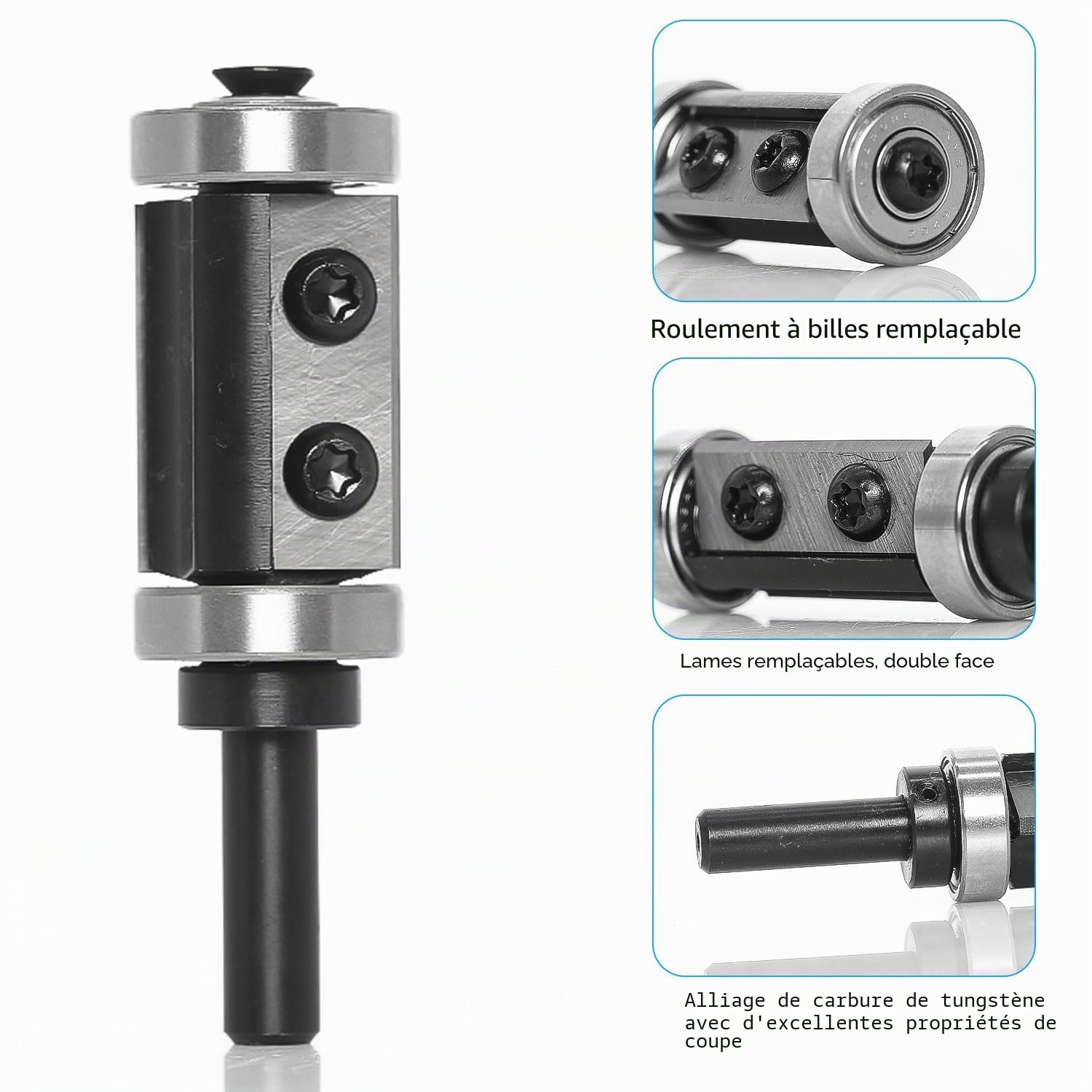 Fraise Defonceuse 8mm, Fraise Affleurante à Plaquettes Réversibles, Fraise a Copier avec Roulement à Billes, avec 2 Fraise à Lamer Remplaçables, Outil de Fraisage pour l'éboutage du Bois (1)