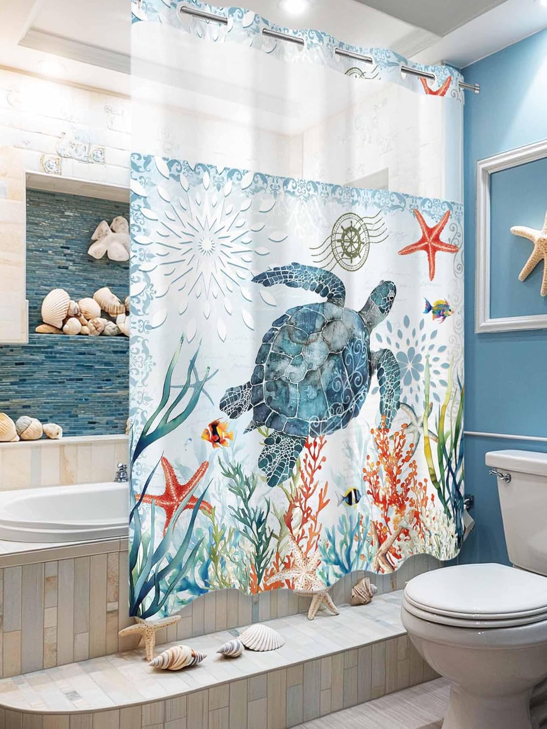 No Hook Shower Curtain with Snap in Liner Set,Summer Marine Turtle Coral Seaweed Waterproof Fabric Shower Curtains Ocean Life Starfish Fish Double Layer Bath Curtain for Bathroom,72Wx84L