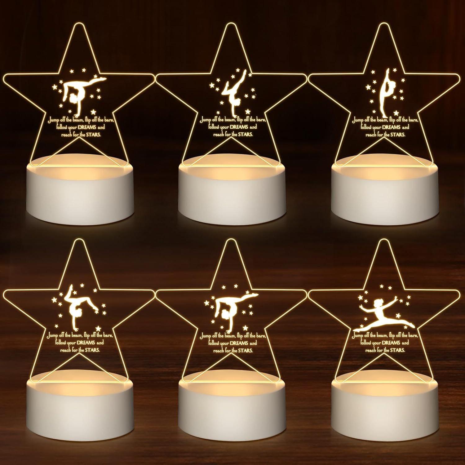 6 Pcs Gymnastics Stuff Gifts 3D Night Light with Base Inspirational Acrylic Appreciation Gymnastics Lamp LED for Student Dance Team Gymnast Gifts