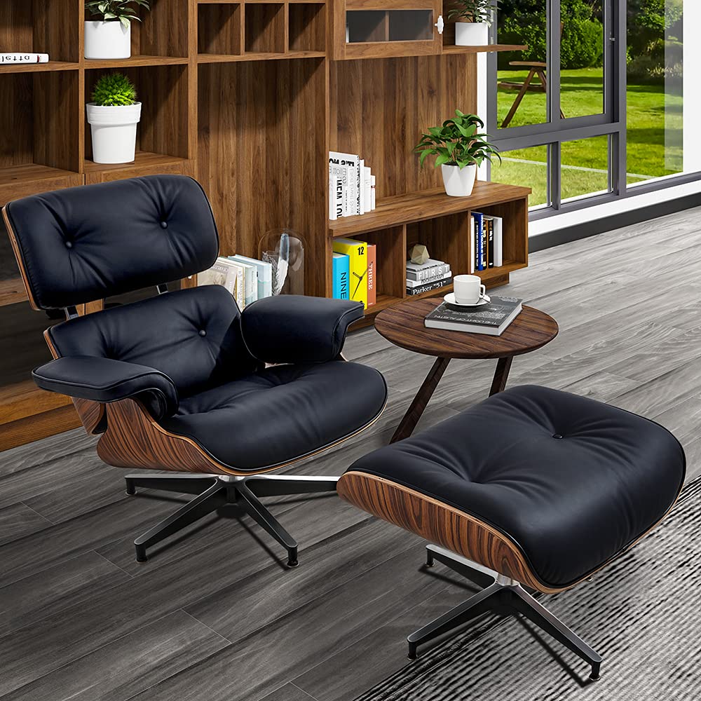 (Upgrade) Aniline Leather Lounge Chair with Ottoman, Mid Century Recliner Replica with 8Layer