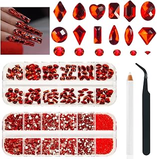 2630Pcs Red Nail Art Rhinestone Kit 120 Multi Shapes Crystal Flatback Rhinestones Gems +2510 Round Beads Glass Stones Diamonds jewels w Tweezers and Wax Pen for Nail DIY Face Eye Mackup Clothes Shoes