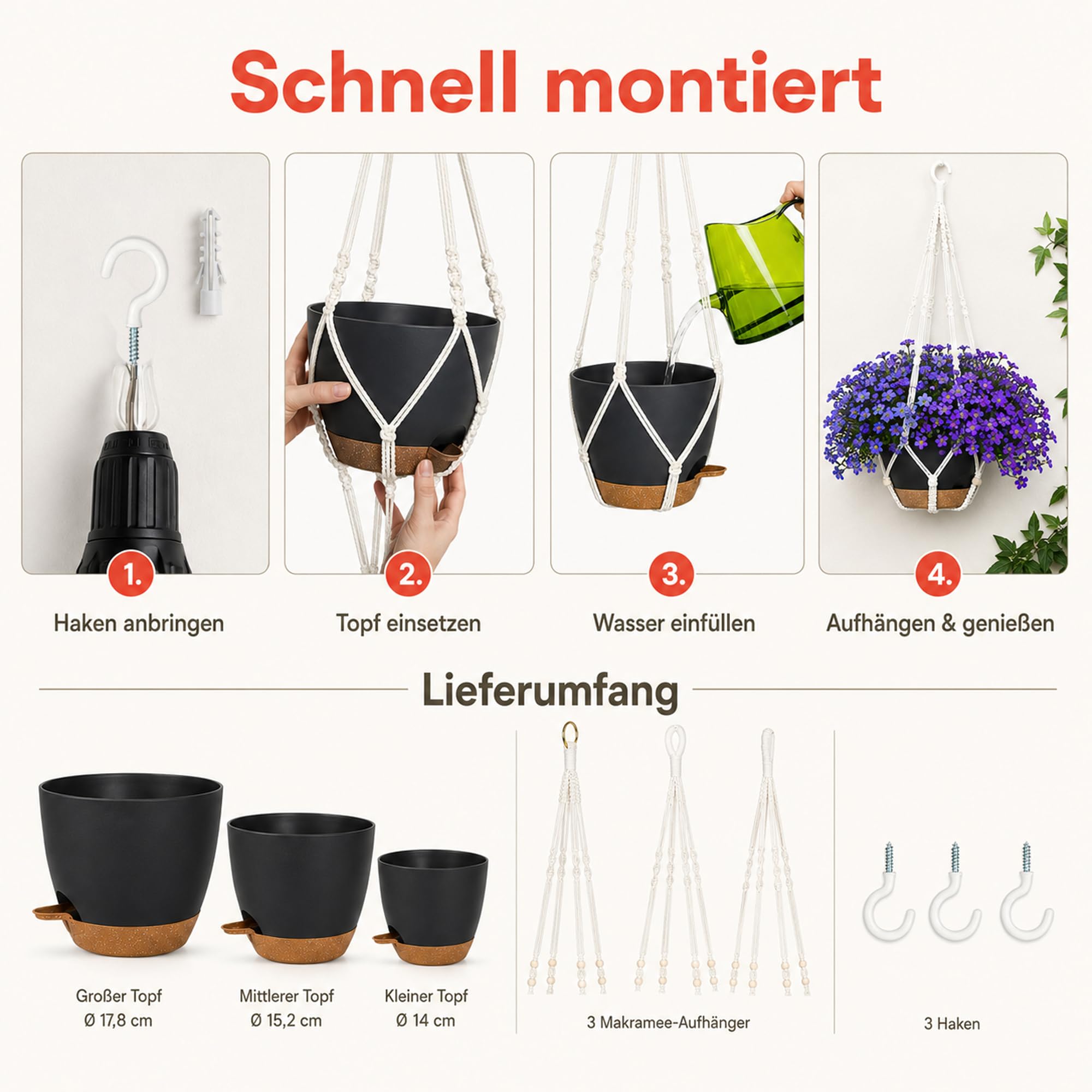 Lot de 3 pots de fleurs suspendus pour extérieur et intérieur, pots de fleurs suspendus avec auto-arrosage (14/15/18 cm), blanc bohème en macramé pour plantes d'intérieur, balcon et jardin