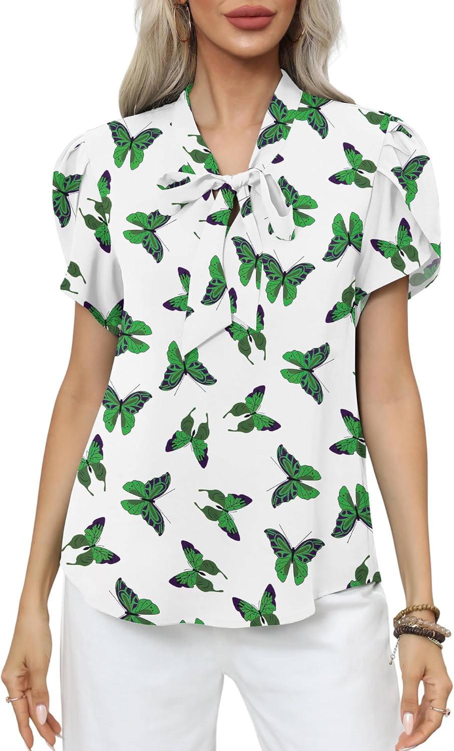 CZYINXIAN Women's Casual Petal Short Sleeve Chiffon Shirts Elegant Bow Tie Knot Business Top Blouse