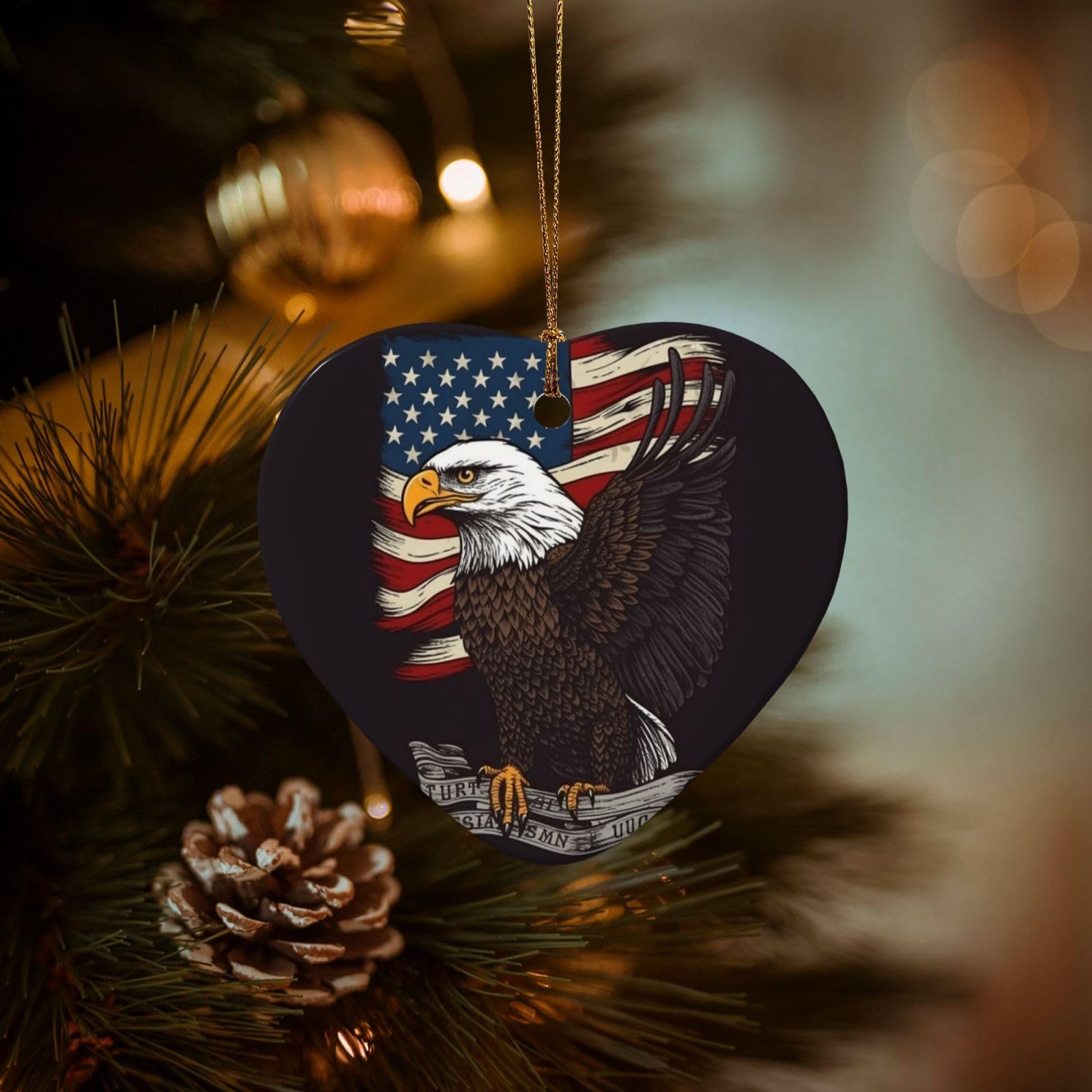 Christmas Ornaments for Christmas Tree Decoration Hanging USA Patriotic Eagle Ornament with Gold Ribbon Crafts Heart Shape Ceramic Pendant for Keepsake Gifts Xmas Decor Party Supplies