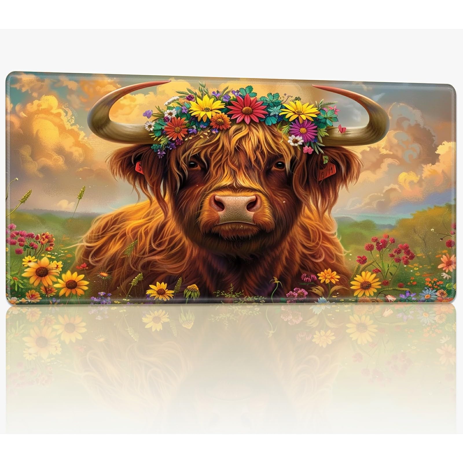 Playmat for MTG, TCG Card Playmat with Stitched Edges, 24 x 14 inches Commander Board Battle Game Mats Smooth Rubber Surface Mousepad Desk Mat, Highland Cattle Sunflowers