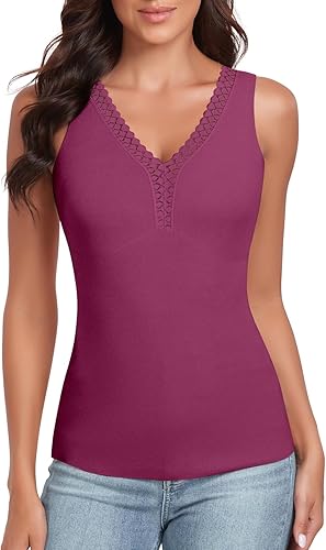 WOWENY Camiseta sin mangas de forro polar térmico para mujer, cuello en V, camisola de encaje, capa base cálida, camisola, chaleco de camisola, ropa