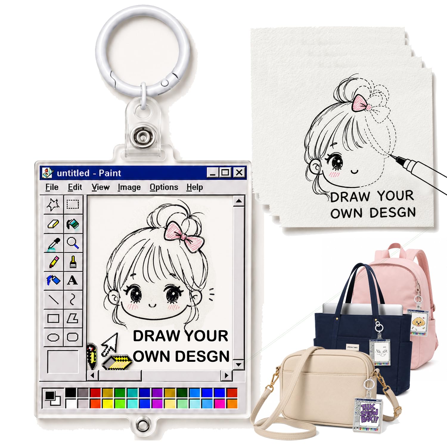Retro DIY Drawing Shaker Keychain Vintage Creative Backpack Charm Y2K Paint