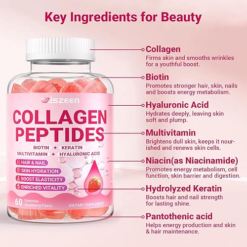 Miniatura 5 de Gomitas de colágeno para mujer, sin azúcar, hidrolizadas con péptidos de colágeno tipo I, II, III, V, X, biotina, ácido hialurónico y