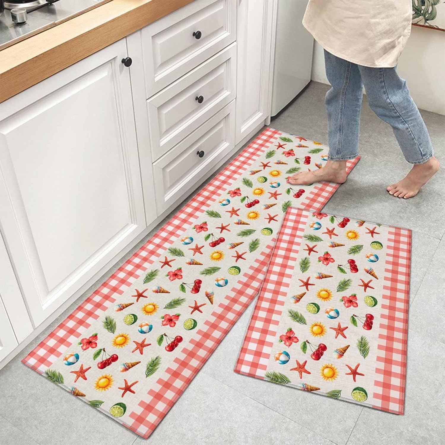 Teamery Kitchen Mats for Floor Summer Starfish Lemon Cherry Washable Non Slip Kitchen Rugs 2PCS, Red White Plaid Background Absorbent Standing Mats for Sink Office Living Room 15.7x23.6in+15.7x47.2in