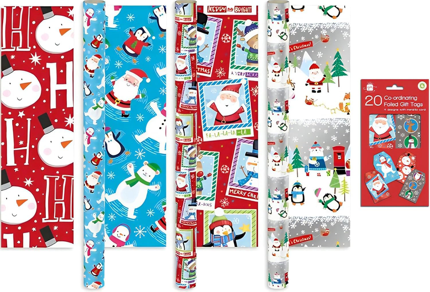 AXXTAN 4 x 7m Cute Wrapping Paper Rolls with 20 Gift Tags - Christmas Wrapping Paper and Birthday Wrapping Paper for Festive and Special Occasions