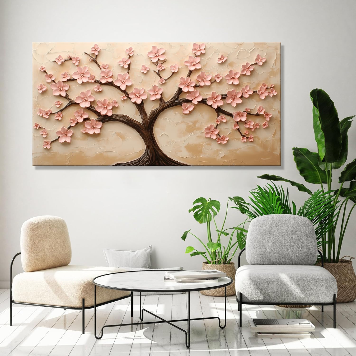 BirdSuite 3D Cherry Blossom Tree Art Pictures - Frameless Canvas Wall Art, Gentle Floral Home Decoration for Living Room, Bedroom, Office, Hallway (Pink & Brown) - 40x20 Inches