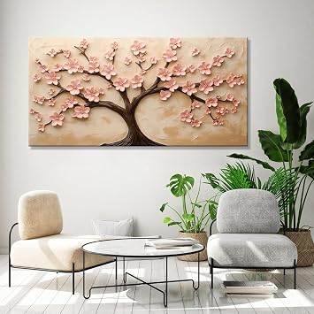 BirdSuite 3D Cherry Blossom Tree Art Pictures - Frameless Canvas Wall Art, Gentle Floral Home Decoration for Living Room, Bedroom, Office, Hallway Pink & Brown - 40x20 Inches