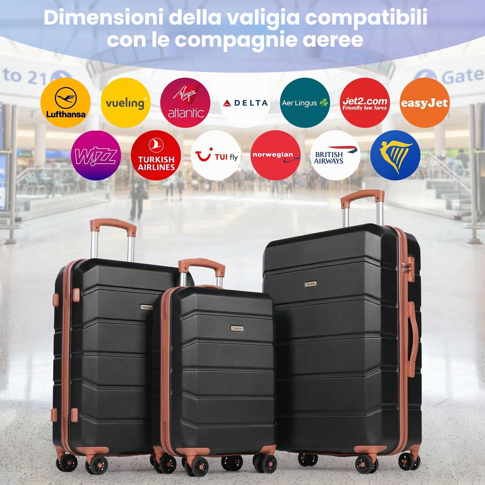 H.yeed Set di valigie 5 pezzi, valigie da viaggio leggere con ruote in ABS rigido, dotate di 4 ruote piroettanti e lucchetto TSA, per uomo e donna, 21"+24"+28"+borsa da viaggio e beauty case, nero