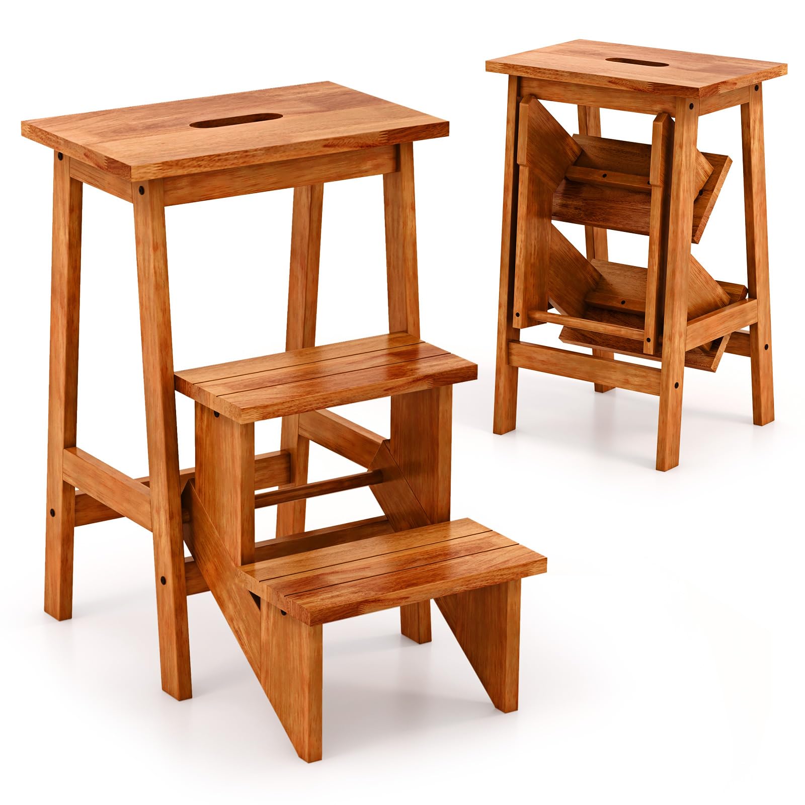 GIANTEX Taburete Escalera Plegable de 3 Peldaños, Escalera de Madera de Caucho con Asa Calada, 41 x 56 x 61 cm, Carga 270 kg, Taburete Multifuncional para Estudio, Cambiador, Almacén (Roble Oscuro)