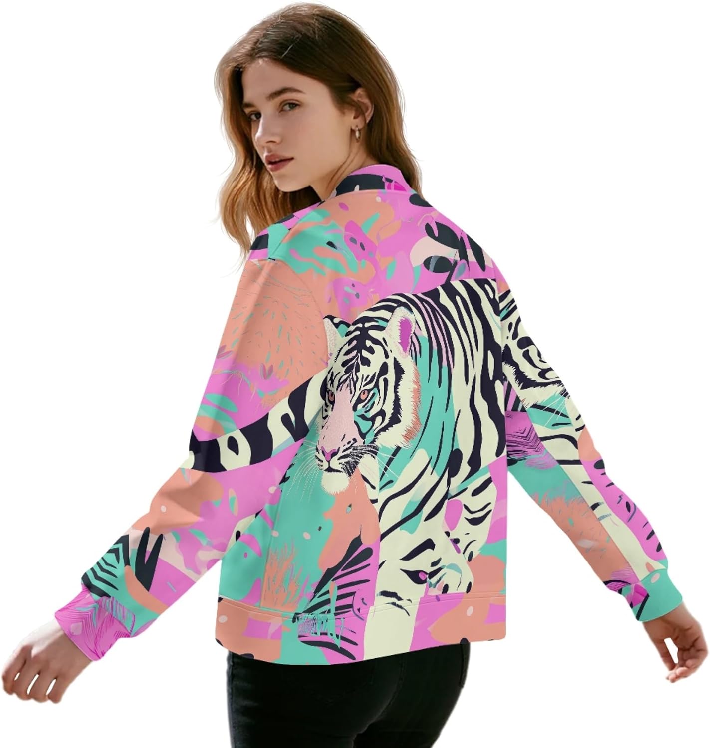 Pinupub Zip Up Jackets Women Casual Stand Collar Bomber Jacket Graphic Long Sleeve Spring Fall Coats with Pockets