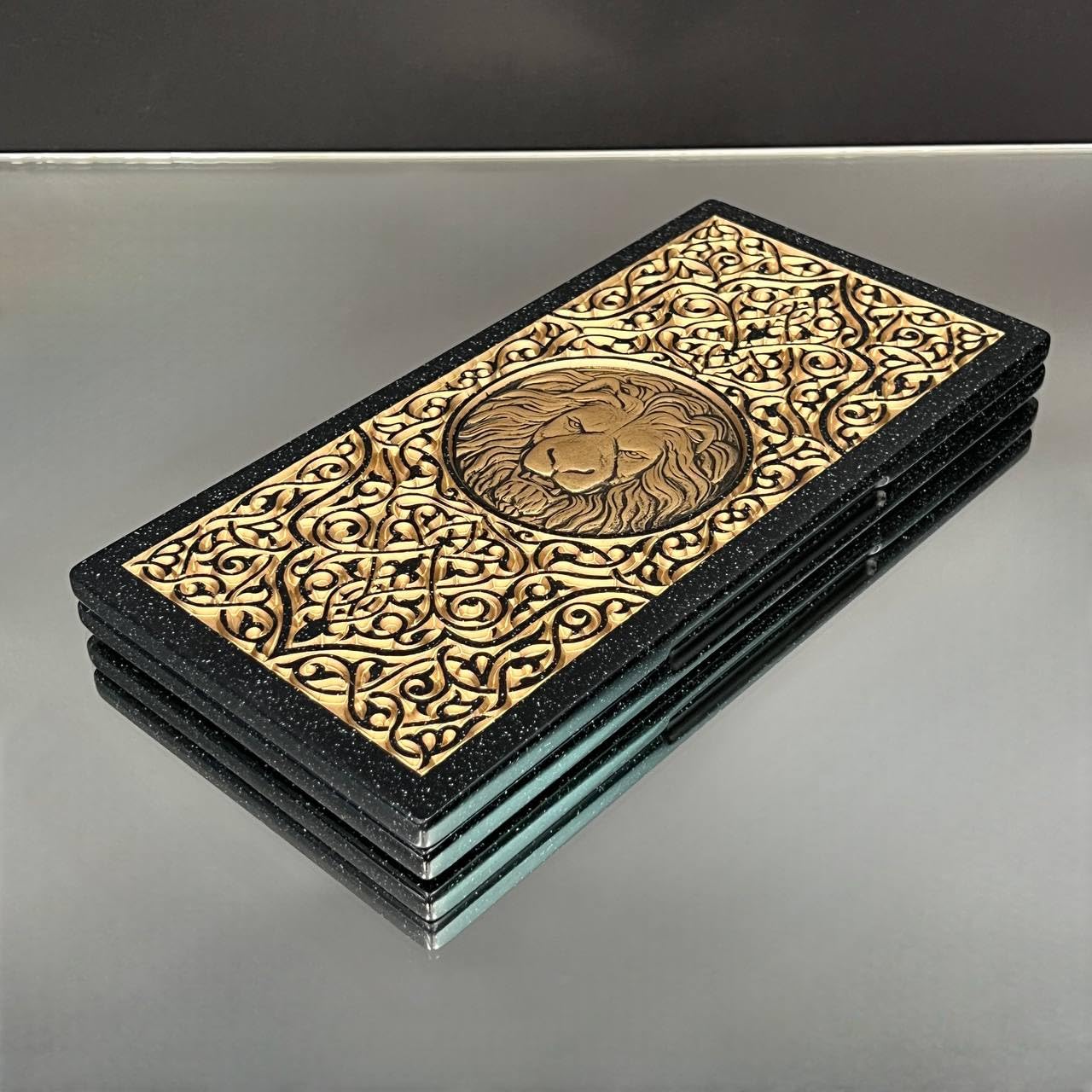 Backgammon de lujo "Golden Leon" – Juego hecho a mano de piedra acrílica y resina, tamaño mini 30 x 15 cm, listo para regalo, tamaño: 30 cm (11,8 pulgadas)