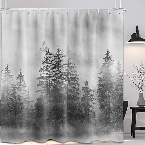 Cortina de ducha Misty Forest con diseño de árbol de naturaleza, color gris varonil, blanco y negro, decoración de baño, tela impermeable con