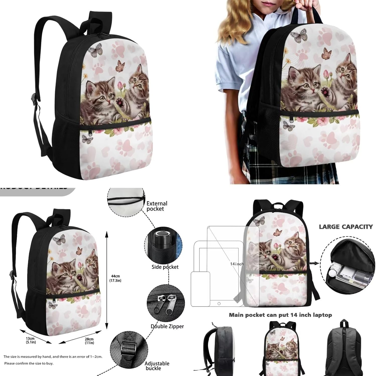 Coloranimal Funny Animal Cats Cute School Bookbag Puppy Dog Cat Paw Backpack for Girls Boys 3pcs/Set Children Bagpack Lunch Box Pencil Case Schoolbag(Pink Floral Butterfly)