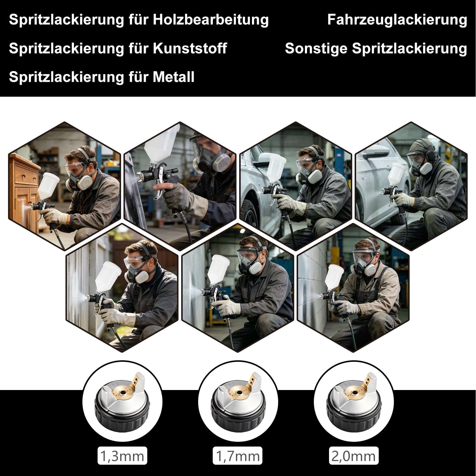Professionelle LVLP Luftspritzpistole, 1,3/1,7/2,0 mm Düsen Kit mit Druckregler und Wasser-Öl-Abscheider, Farbspritzpistole Lackierpistole Druckluft für Autolackierung, Basislack, Klarlack, Metallic