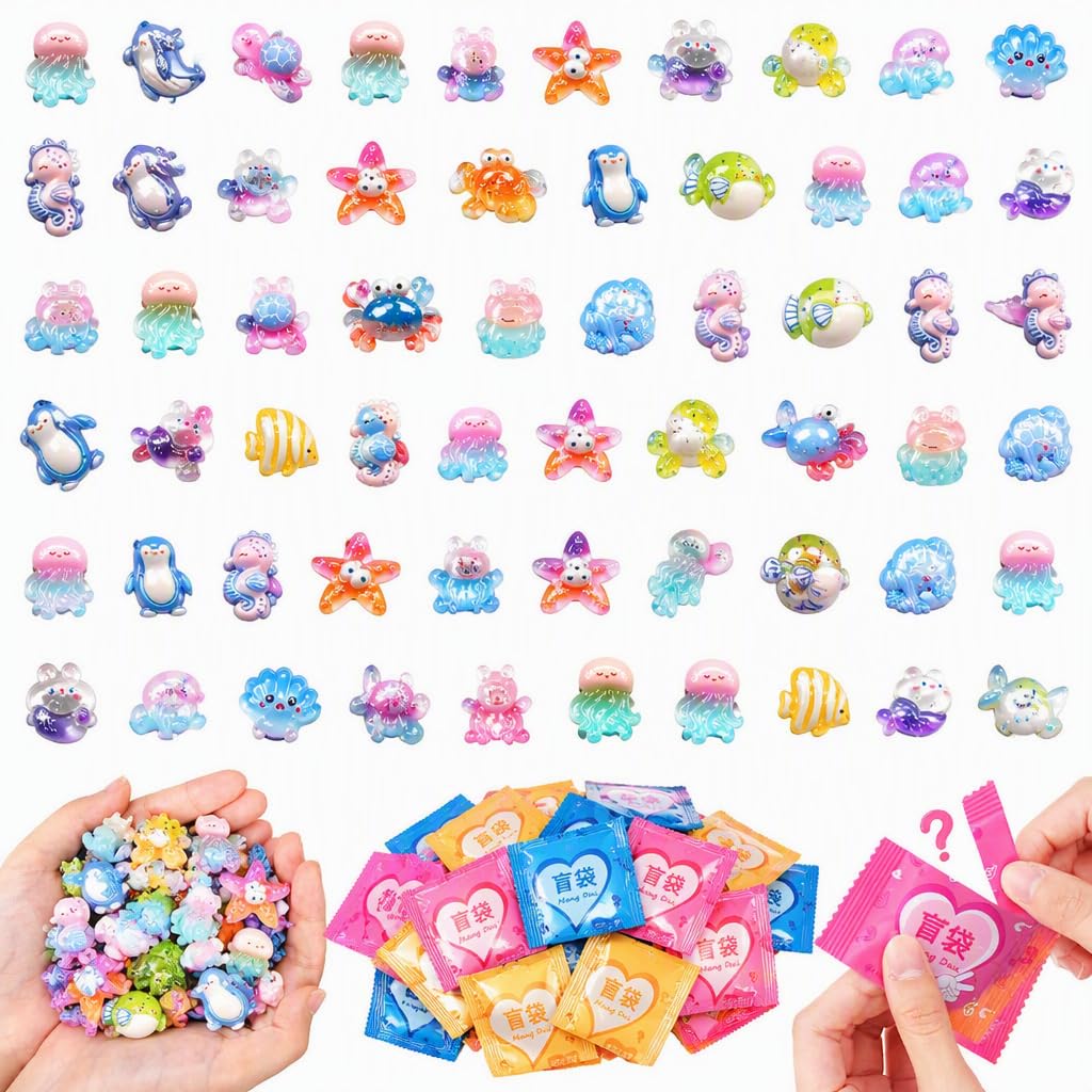 Cosiesnest 50Pcs Blind Bags Resin Animal Mystery Bag Mini Ocean Animals for Themed Party Favors Blind Bag Animal Mixed Tiny Glow in the Dark Animals for Surprise Bags Birthday Decor And Gift