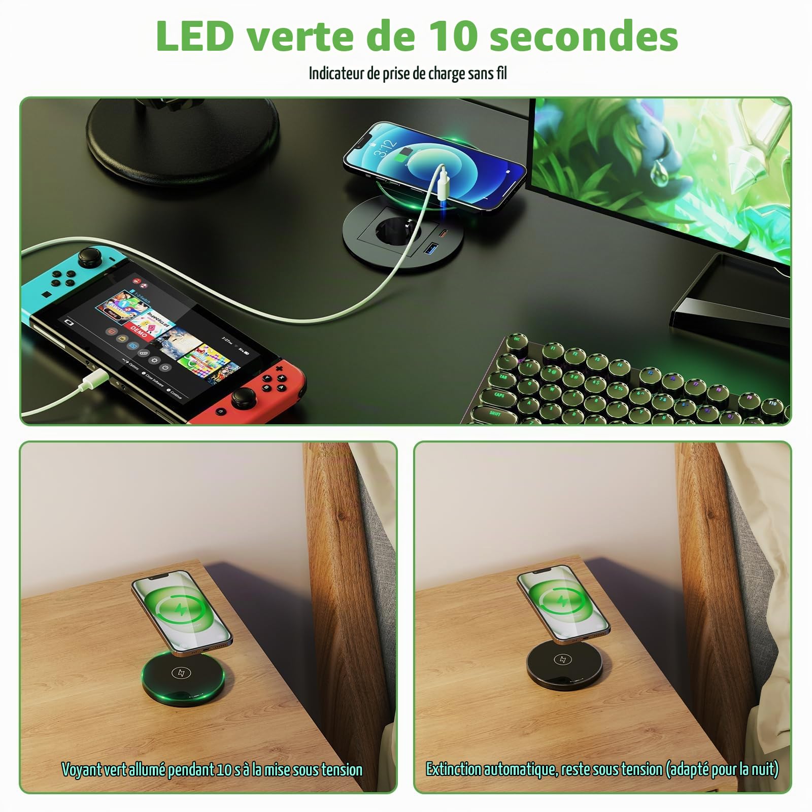 Multiprise Encastrable USB C PD 30W avec Chargeur sans Fil 15W, Prise Encastrable Plan de Travail USB C, Bloc Prise Escamotable pour Meubles, Cuisine, Bureau 2M Câble, Diamètre 80mm, Noir