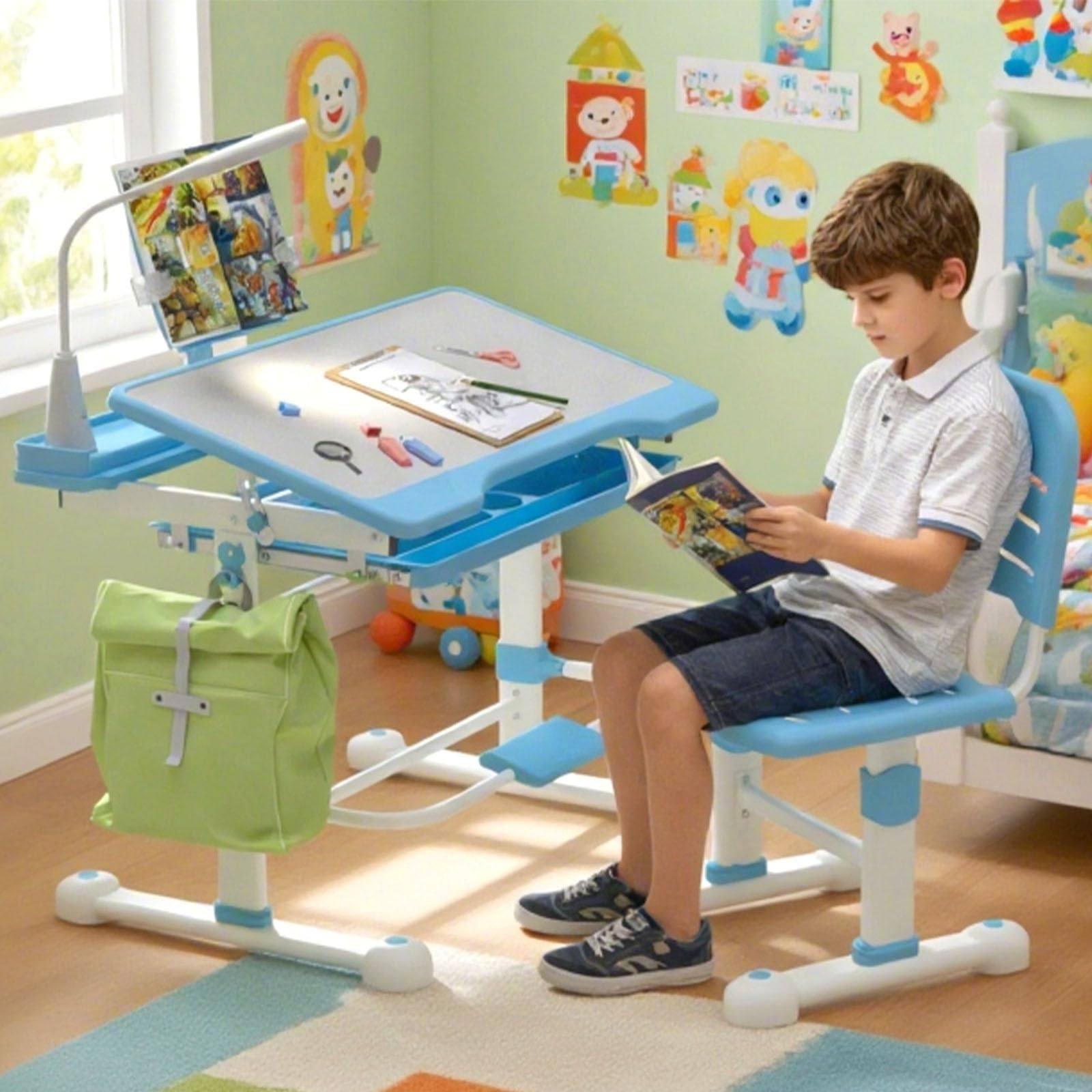 Escritorio Infantil 6-12 Años con Luz LED y Tablero Inclinable - Pupitre Infantil Ajustable en Altura, Escritorio Niño Niña para Estudio, Deberes, Lectura - [Azul]