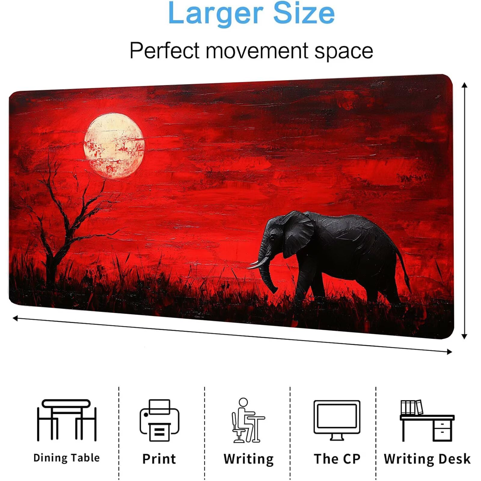 Podkładka pod mysz ze słoniem XXL Księżyc Podkładka pod mysz 1600 x 800 x 4 mm Podkładka pod mysz do gier, duża wodoodporna antypoślizgowa mata na biurko, podkładka pod mysz szyte krawędzie dla