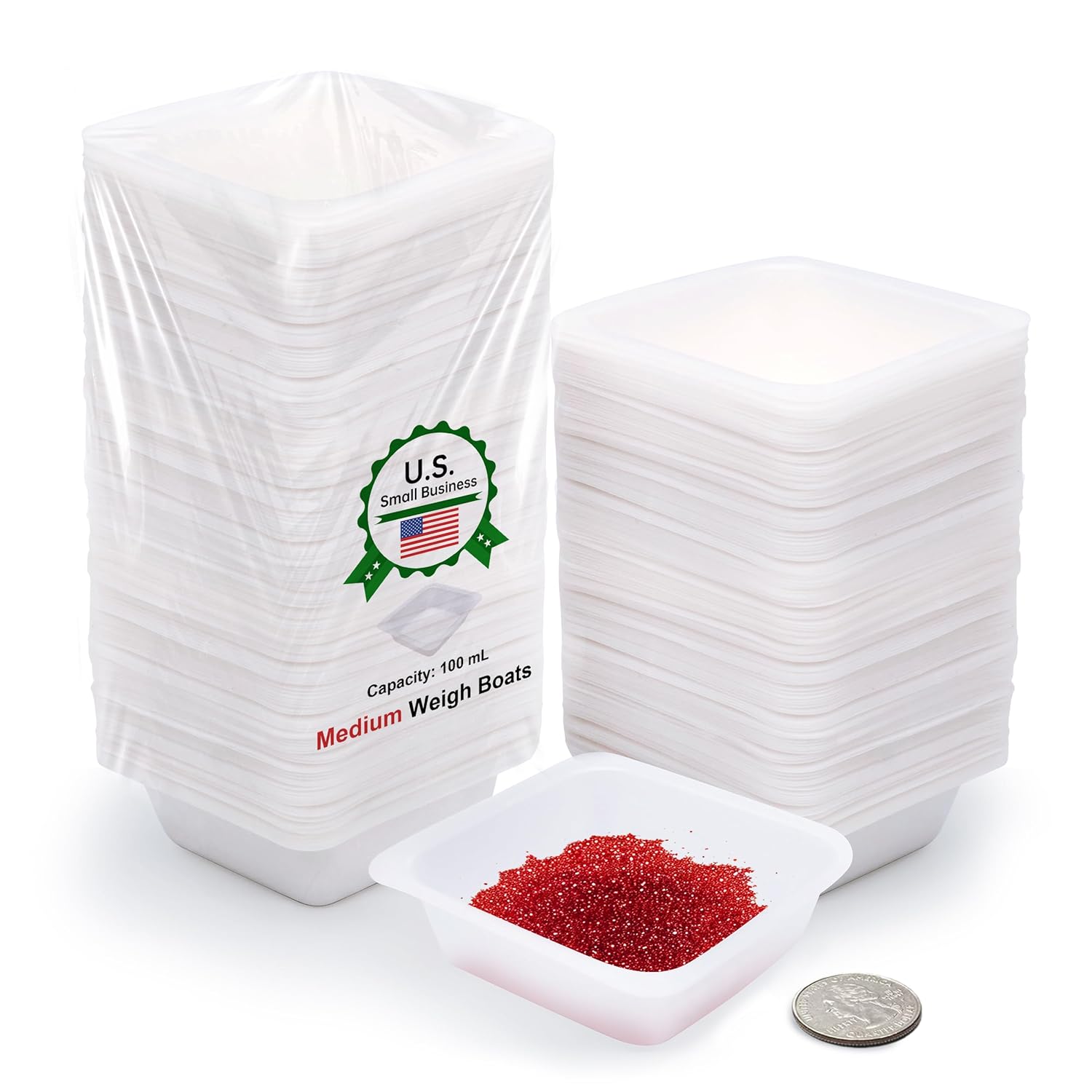Weigh Boats Medium | 500 Pack | 100 mL Plastic Disposable Weighing Dishes | Square Trays for Powder, Epoxy, Food Samples | Anti-Static Polystyrene Lab Containers with Easy-Pour Design