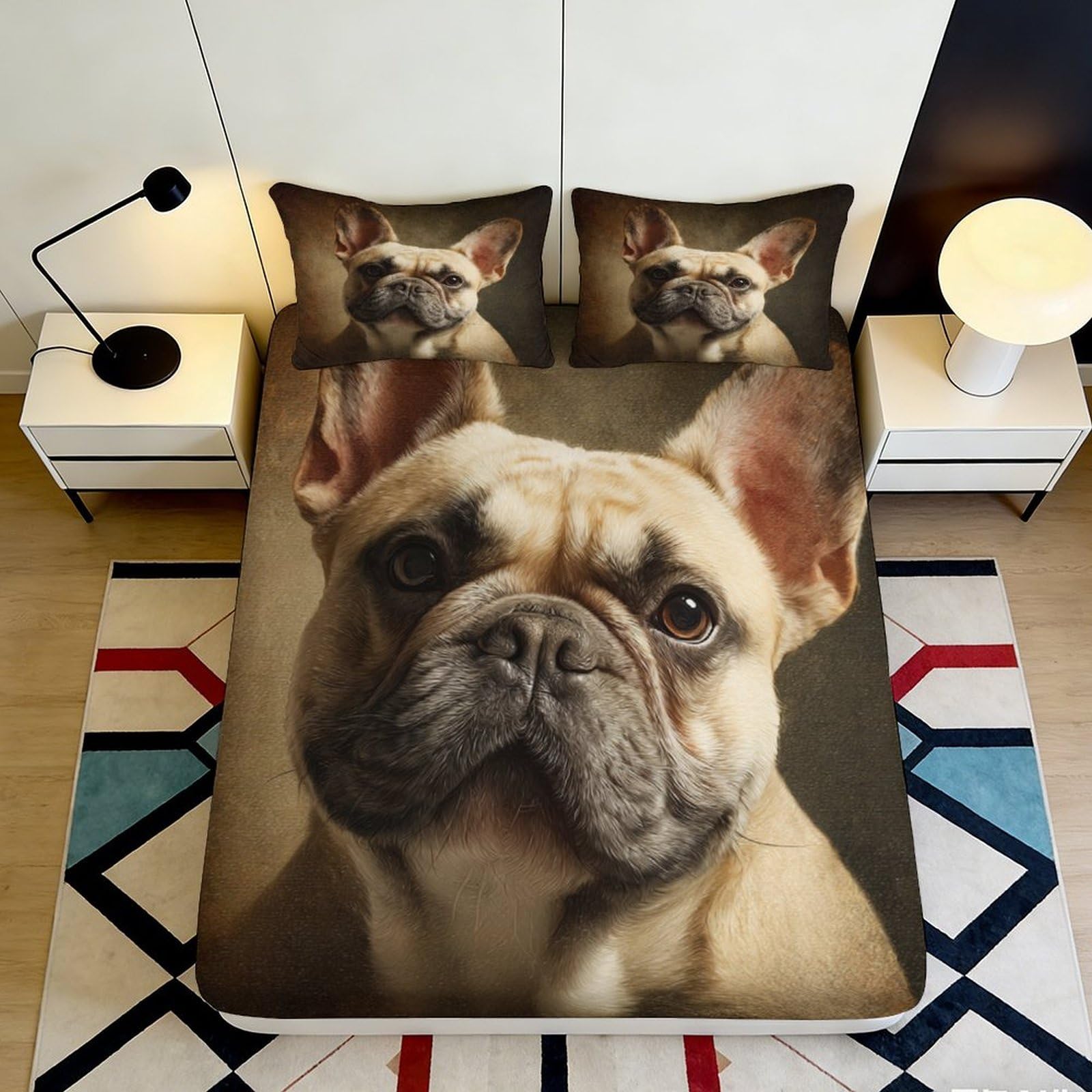 3D Printed French Bulldog Fitted Sheet Microfiber Anti-Slip Mattress Cover Dog Pattern for Bedroom Dorm Decor 140x200x25cm
