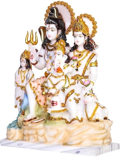 Miniatura 3 de Lord Shiv Parivar Mármol Ídolo Shiv Parwati Dios Shiva Familia Estatua Espiritual Puja Vastu -18.1in (Oro Blanco)