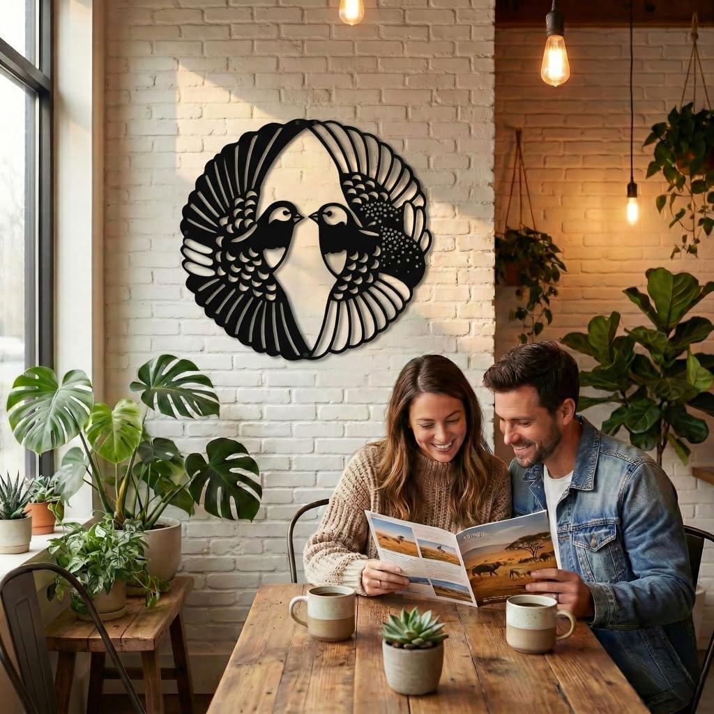 Dekadron Art mural, décor mural en métal, décor d'oiseaux en métal, pigeons deux oiseaux (71x71 cm)