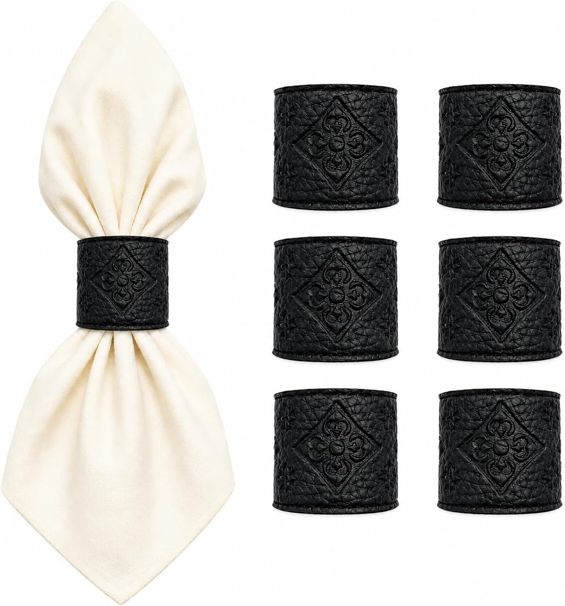 Premium Blue Leather Napkin Rings Set of 6, Reversible Double-Sided Embossed & Smooth Design, Convertible Round/Flat Table Decor, Water-Repellent for Dining, Parties, Holiday & Gifting